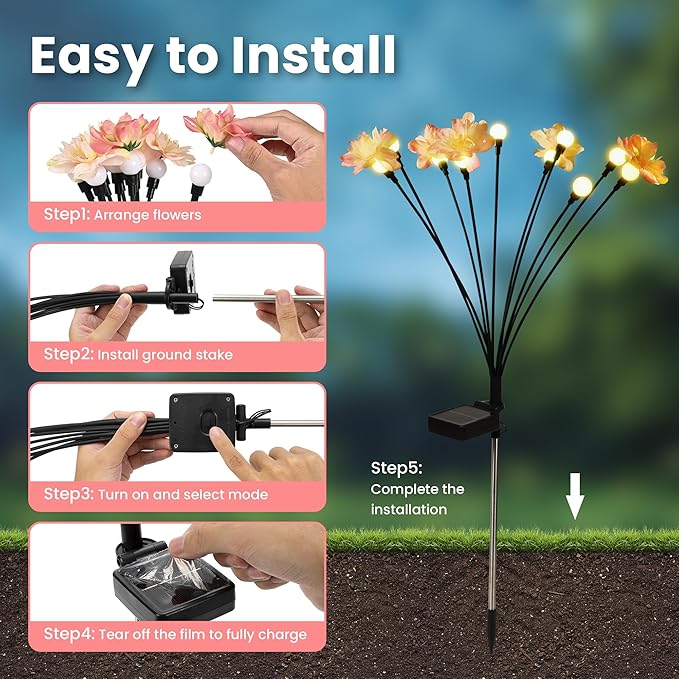 Solar Garden Lights, Warm White LED Swaying Solar Flowers Light for Outside, Waterproof Garden Decor, Outdoor Decorative Lights Yard, Patio, Pathway Decoration Gardening Gifts (2 Pack)