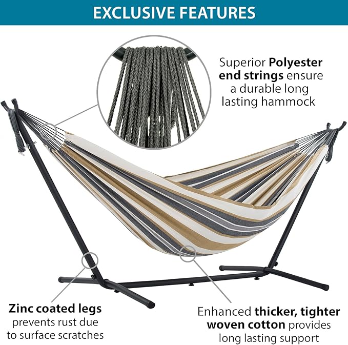 Vivere Double Cotton Hammock with Space Saving Steel Stand, Upgraded Polyester End Strings 450 lb Capacity - Premium Carry Bag Included - (Desert Moon)