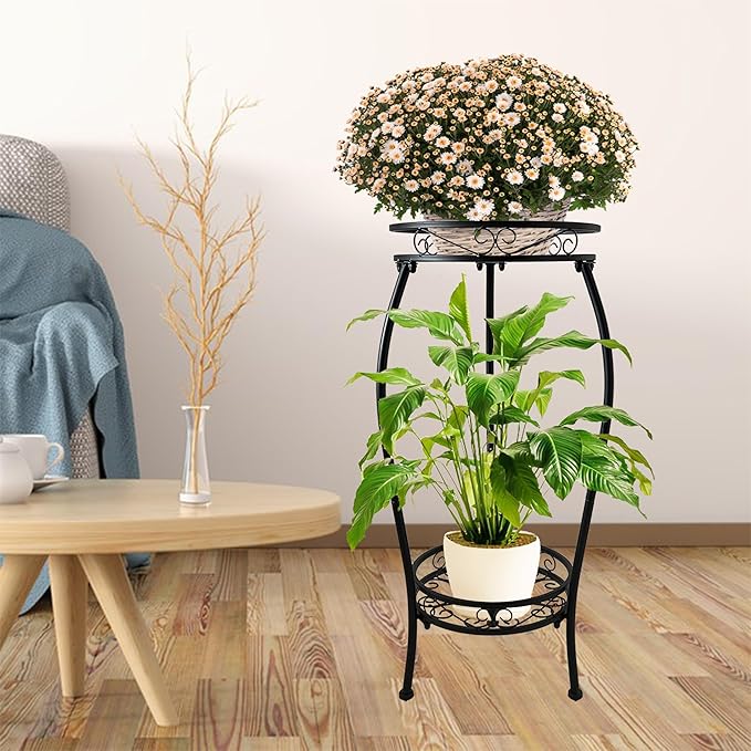 CASIMR 2Pack Plant Stand Indoor Outdoor, 2 Tier 26.6" Tall Metal Potted Holder Rack Multiple Flower Pot Stand Heavy Duty Plant Shelf Rustproof Iron Plant Round Supports Rack