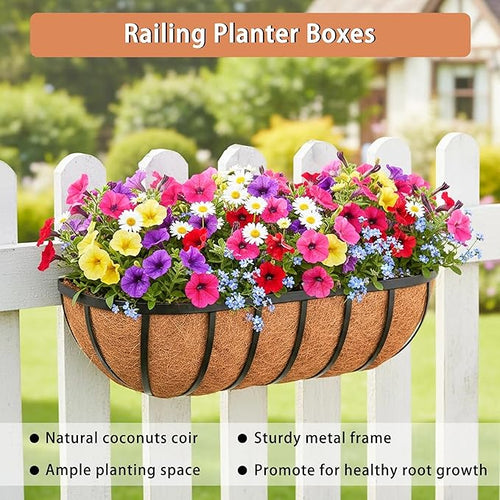 24'' Window Box Railing Planter with Coco Liner,4 Pack Horse Trough Planters Black Metal Hanging Flower Planters Basket for Porch Fence Patio Indoor Outdoor Lawn