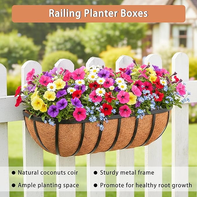 30'' Window Box Railing Planter with Coco Liner,4 Pack Horse Trough Planters Black Metal Hanging Flower Planters Basket for Porch Fence Patio Indoor Outdoor Lawn