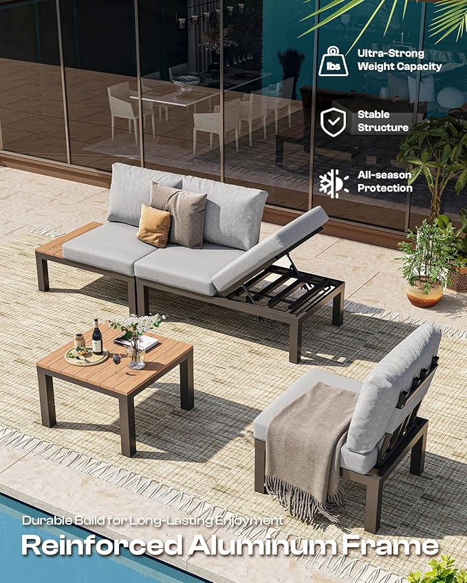 Aluminum Modular Outdoor Patio Furniture Set, 6 Seats Patio Sectional Sofa Set with Adjustable Backrest & Thick Cushions, All-Weather Conversation Sets with Table for Garden & Yard, Gray