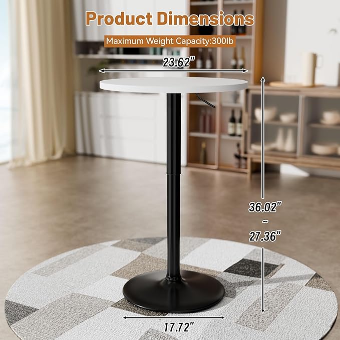 Flamaker Round Bistro Pub Table 23.6 Inch Height Adjustable 360° Swivel Bar Table Metal Base for Pub, Dining Room, Party (1, White-Black)
