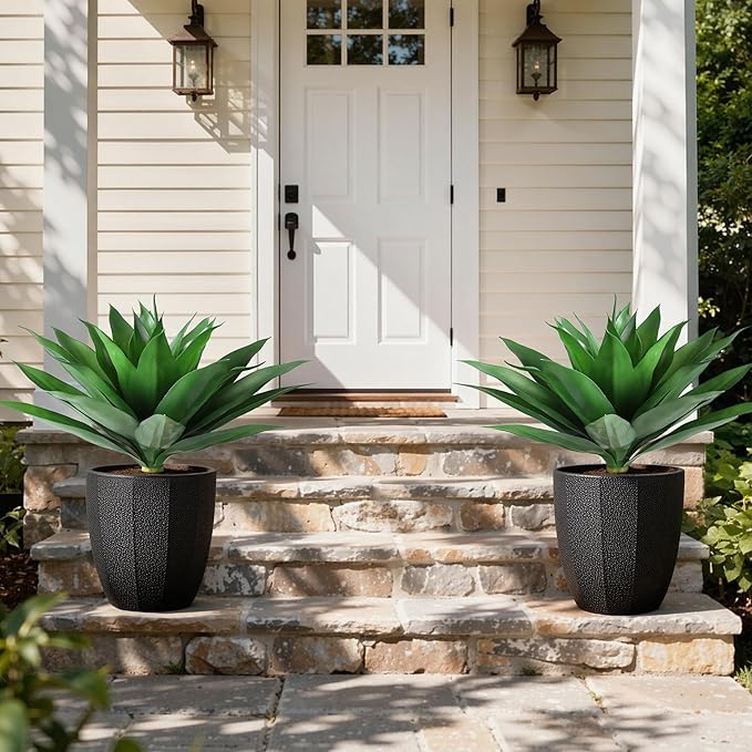 Ivydale Outdoor Faux Plants, 2 PCS 28" Artificial Agave Plant for Outdoors Outside Decoration, Large Fake Plants Realistic Greenery UV Resistant for Planter Porch Patio Yard Garden Indoor(Red)