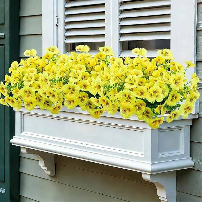 12 Bundles Artificial Pansy Flowers for Outdoor, Faux Silk Pansies Spring Flowers Outside for Planter Front Door Porch Patio Yard Window Box Home Decor (Yellow)