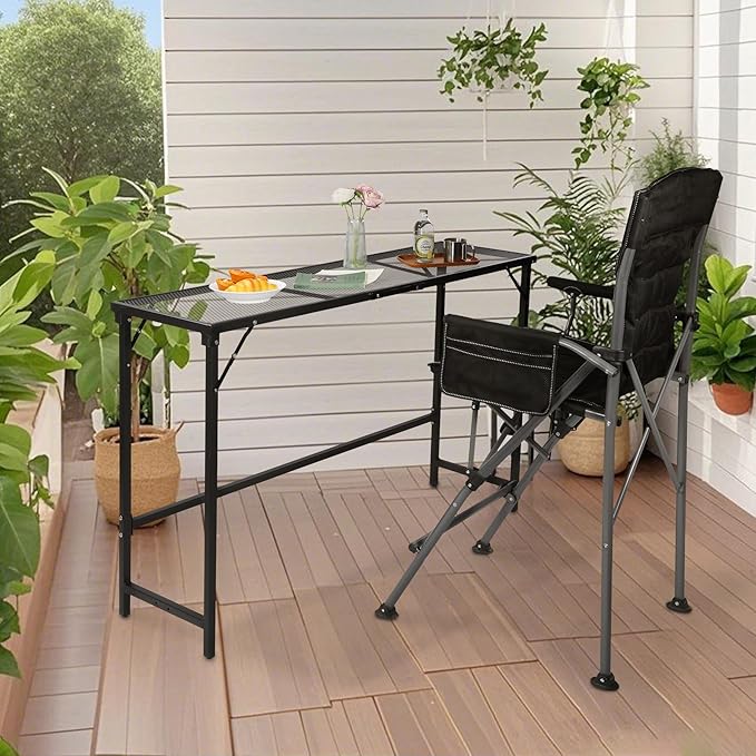 REDCAMP 55 Inch Outdoor Bar Table, Folding Paito Bar Height Hot Tub Table with Waterproof Mesh Top for Balcony, Garden, Poolside, Indoor, Rectangle Black