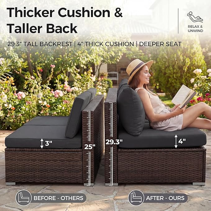 NICESOUL Extra Large Size Patio Furniture Set with Firepit Natural Gas/Propane, 6 Seater Modern Luxury Outdoor Sofa Set, 29.3'' High Backrest Backyard Sitting, Brown Rattan and Dark Grey Cushion