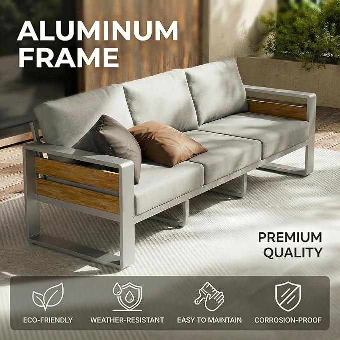 ZANDOR Outdoor Patio Conversation Sets, 4-Piece Aluminum Metal Outside Sectional Lawn Furniture with Coffee Table & Washable Thick Cushions,Seating Sofa for Garden/Backyard/Porch, Silver