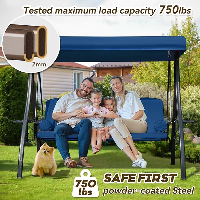 3 in 1 Outdoor Porch Swing with Adjustable Canopy, 3 Seat Outdoor Swing for Adults, Patio Swing Chair with Thickened Cushions,Pillows & Cup Holders for Backyard, Porch, Garden (Blue)