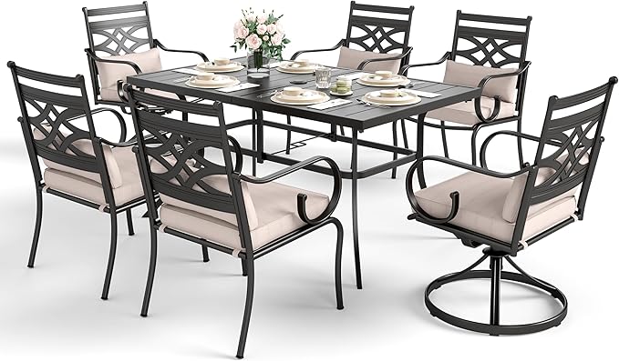 Sophia and William Outdoor Patio Dining Set for 6, Outdoor Table and Chairs, Removable Seat Cushions, 4 Fixed，2 Swivel Chairs, 59" Black Patio Dining Table