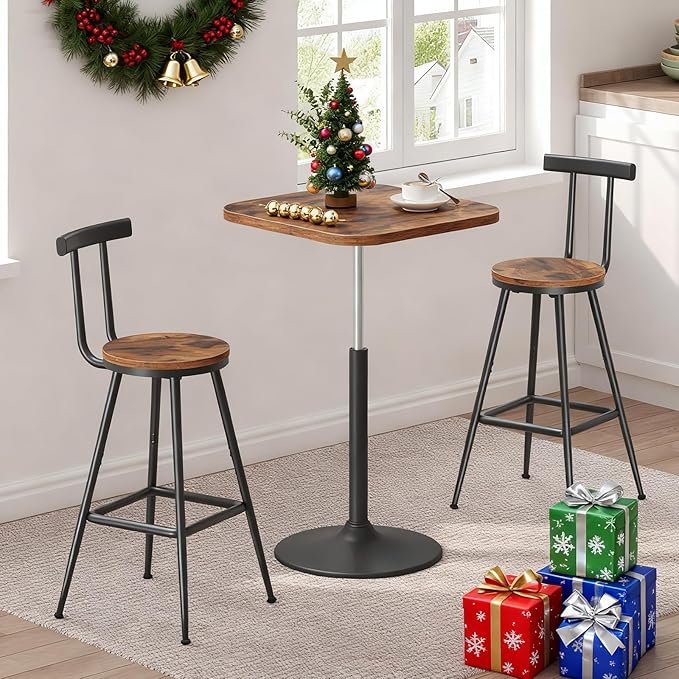 Bar Stools, Set of 2 Bar Chairs with Backrest and Footrest, 26" Tall Counter Stools, Metal Frame, Adjustable Feet, Easy Assembly, for Kitchen, Living Room, Pub, Rustic Brown BAHR6001