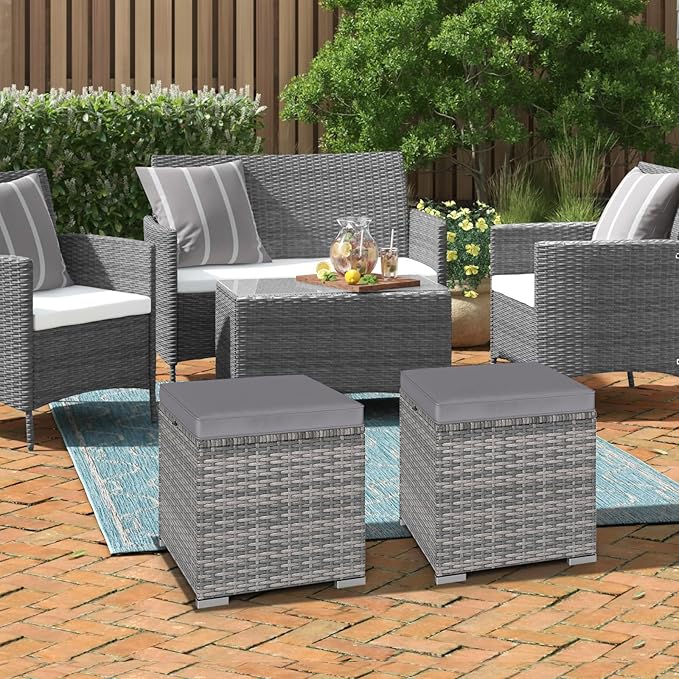 RELAX4LIFE Wicker Outdoor Storage Ottoman - 2-Piece Rattan Footstool w/Removable Cushion, Multipurpose Footrest Foot Stool Seating, Set of 2 Outdoor Ottomans for Patio Deck (Mix Grey-Grey)