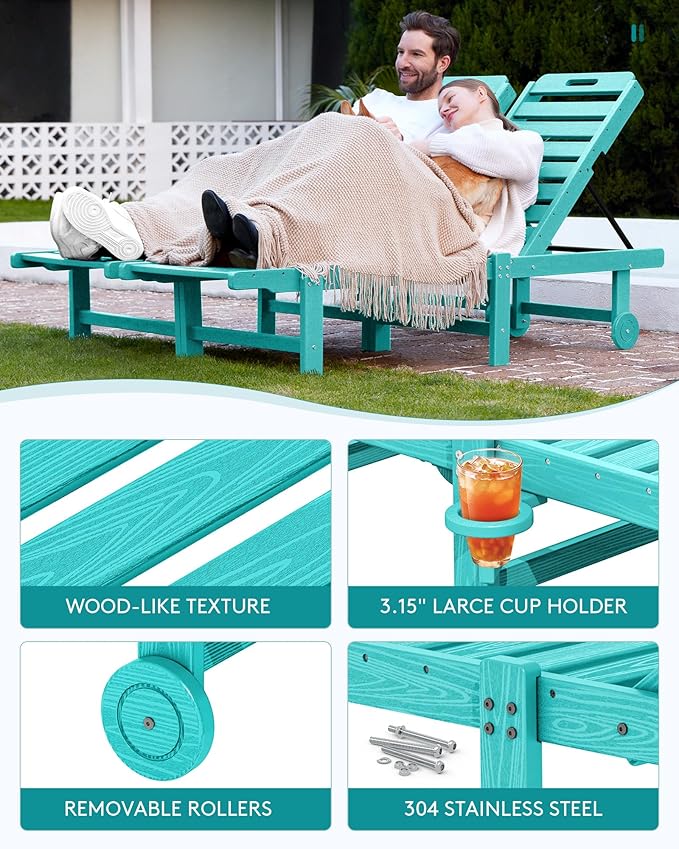 SERWALL Outdoor Chaise Lounge Set of 4, 78" Patio Lounge Chair with 5 Positions Adjustable Backrest, HDPE Lounger with Rolling Wheels & Cup Holder for Poolside, Beach, Garden, Aruba