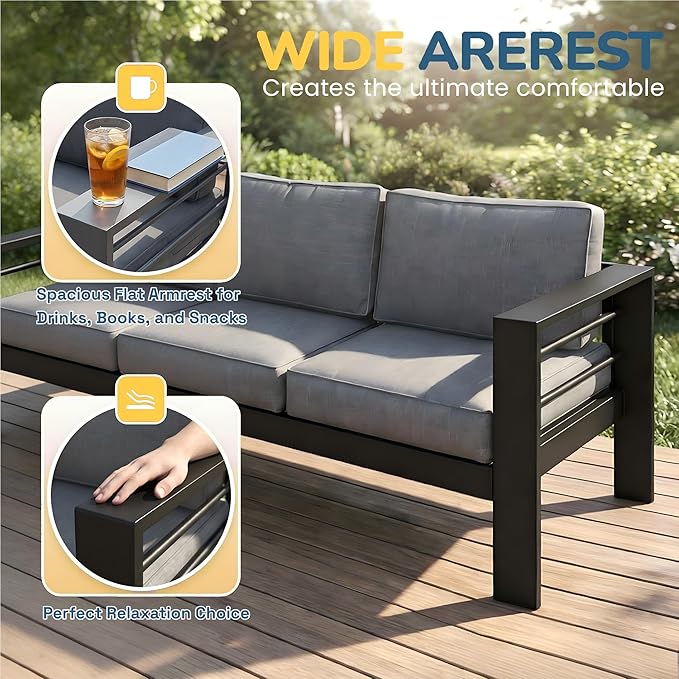 Solaste Aluminum Patio Furniture Set for All Weather, Oversized Metal Outdoor Furniture Set with 27.5" Deep Seating and 3.2" Wide Armrest, Patio Conversation Set with 10’’ Back Cushion, Black and Grey