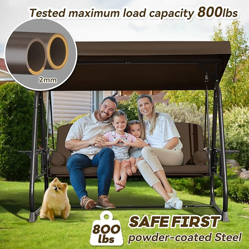 3 in 1 Outdoor Porch Swing with Adjustable Canopy, 3 Seat Outdoor Swing for Adults, Patio Swing Chair with Thickened Cushions,Pillows & Cup Holders for Backyard, Porch, Garden (Brown)