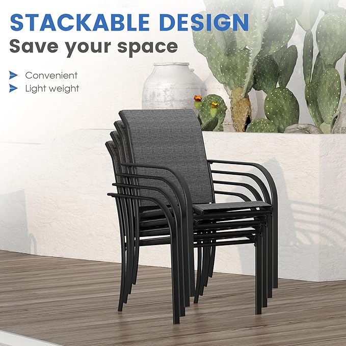VICLLAX Patio Dining Set for 6, 7 Pieces Outdoor Furniture Set- 47" Round Patio Table and Stackable Chairs, Black Tabletop and Grey Fabric