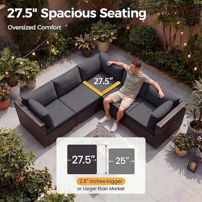 NICESOUL 7 Piece Large Size Outdoor Patio Furniture Set with Fire Pit, 29.3'' High Back Deep Seat Sectional Conversation Sets, Heavy Duty Modern Backyard Sitting, Brown Rattan and Dark Grey Cushion
