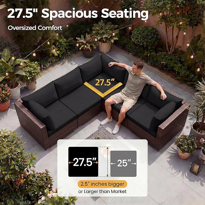 NICESOUL 29.3'' High Back Patio Set with Firepit Propane & Natural Gas, 7 Piece Oversized Large Wicker Outdoor Sectional Couche Sets, Heavy Duty Backyard Furniture, Brown Rattan and Black Cushion