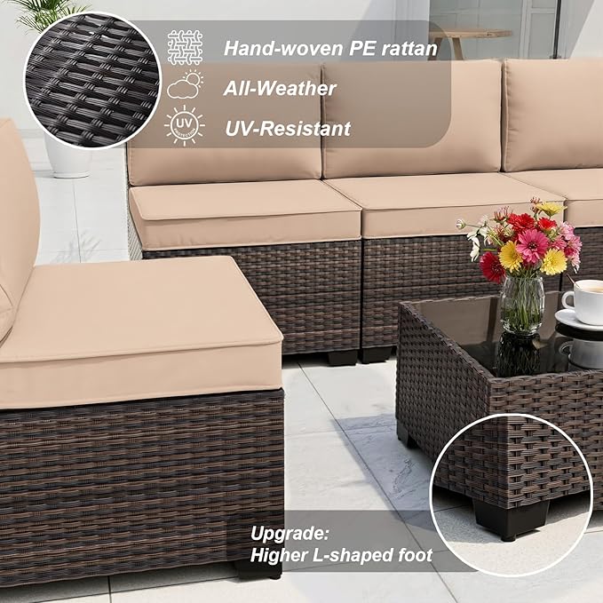 ALAULM Patio Furniture Set with Fire Pit Table 55000 BTU, Outdoor Sectional with Wide Seat and Thick Cushion, 8 Piece Wicker Rattan Conversation Set with Coffee Table for Garden, Deck, Sand