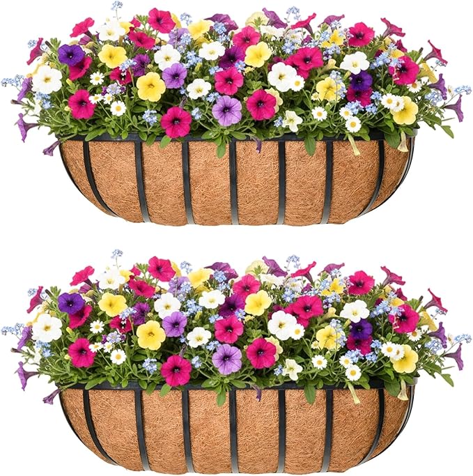 24'' Window Box Railing Planter with Coco Liner,2 Pack Horse Trough Planters Black Metal Hanging Flower Planters Basket for Porch Fence Patio Indoor Outdoor Lawn
