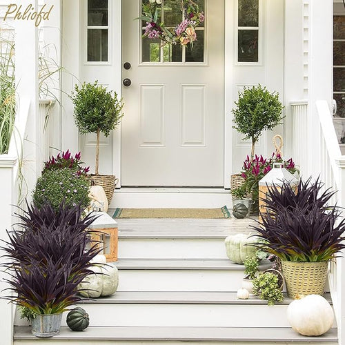 32 Pcs Artificial Grass Fake Grass Plants 17.3in Outdoor Plants UV Resistant Faux Greenery Stems for Home Window Garden Office Patio Pathway Front Porch Halloween Décor Light Green & Purple
