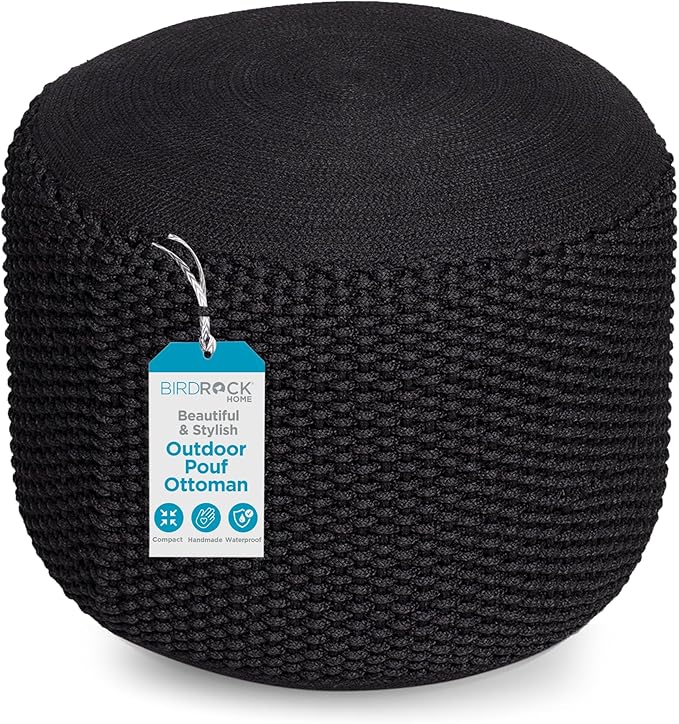 BIRDROCK HOME Outdoor Pouf Ottoman | Hand Woven Waterproof Foot Stool with Bead Bag Filling | Boho Foot Rest for Patio, Living Room, Porch & Outdoor Seating | Lightweight, Soft Stuffed Chair | Black