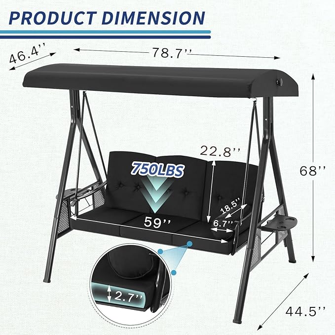 U-MAX 3-Seat Porch Swing Chair Steel Frame, Patio Swing Chair with Stand and Removable Cushions, Outdoor Canopy Swing Chair for Outside, Backyard, Garden, Black Cushion