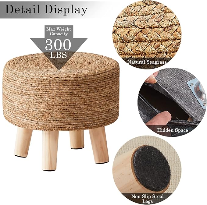 Cpintltr Foot Stool Natural Seagrass Hand Weave Poufs Round Ottoman for Couch Desk Soft Step Stool Padded Foot Rest with Non-Skid Pine Legs for Hallway Office Lounge Natural