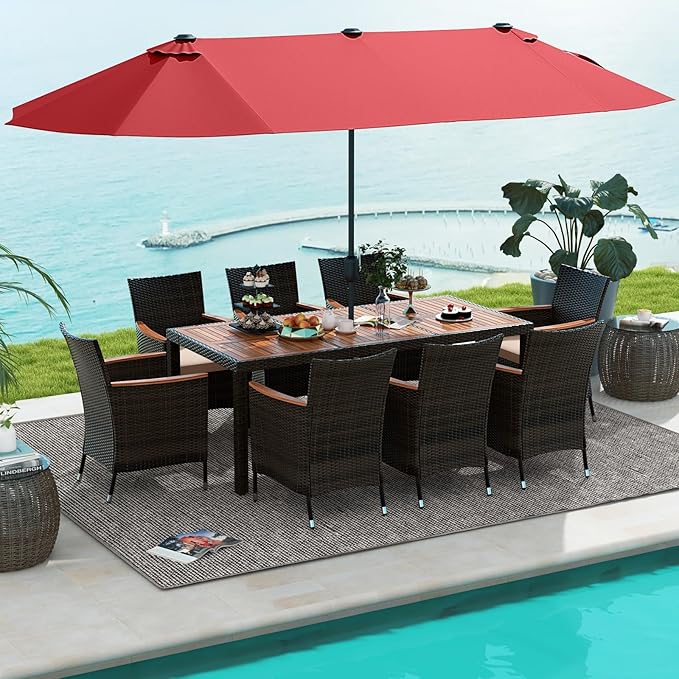 Tangkula 11 Piece Rattan Outdoor Dining Set with 15Ft Patio Umbrella for 8, Outdoor Wicker Table Set with 8 Cushioned Armchairs, Acacia Wood Top, Outdoor Umbrella with Base Included