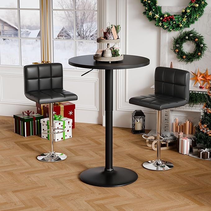 Flamaker Round Bistro Pub Table 23.6 Inch Height Adjustable 360° Swivel Bar Table Metal Base for Pub, Dining Room, Party (4, Full Black)