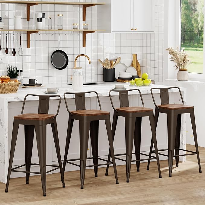 WENTMENT Bar Stools Set of 4 Counter Height Bar Stools Metal Barstools with Removable Back 26" Kitchen Bar Stools with Wooden Seat, Rusty