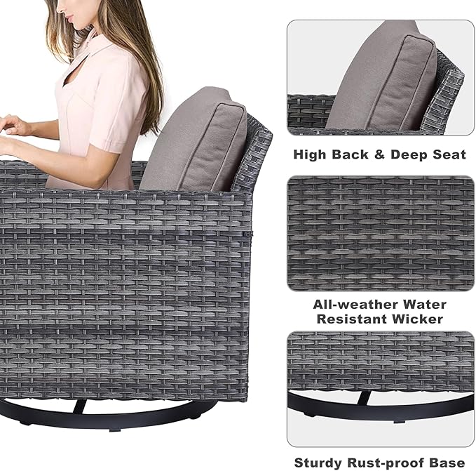 Belord 7 Piece Outdoor Furniture Patio Wicker Sofa Set, Oversize Outdoor Swivel Rocker Chairs with Rattan Ottomans, Conversation Sets Patio Furniture Come with Removable Washable Cushion Grey