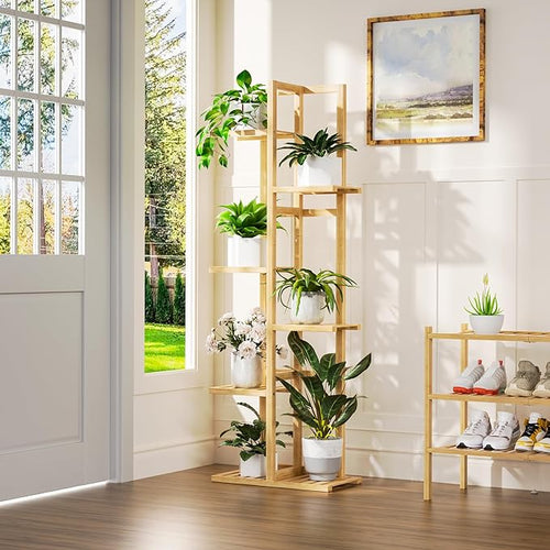 6 Tier Bamboo Plant Stand Indoor, Wood Tall Flower Holder Corner Tiered Plant Shelf for Multiple Plants (Natural)