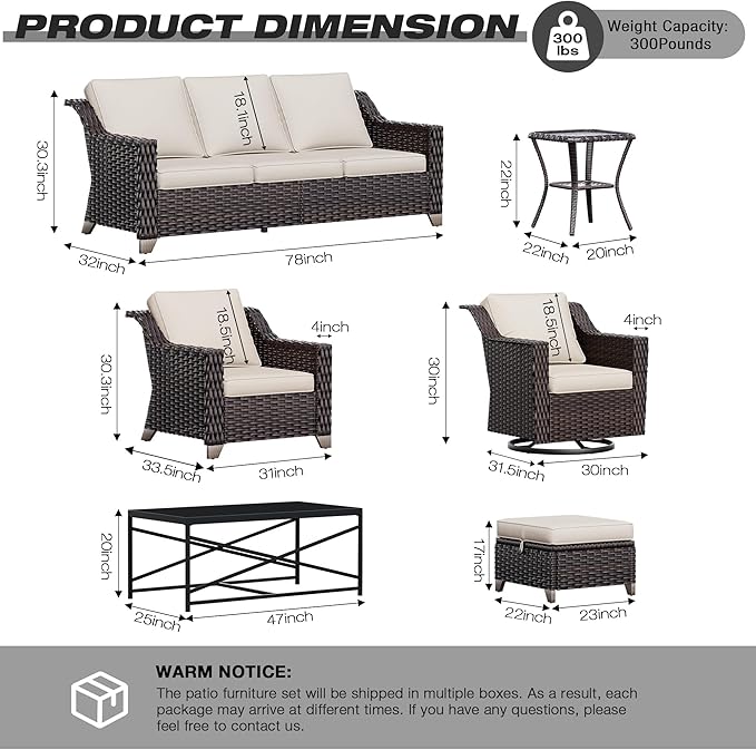 Joyside Wicker Patio Furniture Sets, 6 Pieces Upgraded Large Size Outdoor Furniture with Swivel Rocking Patio Chairs, Outdoor Ottoman, 3-Seat Sofa and Side Table, Thick Cushions, Wide Armrest