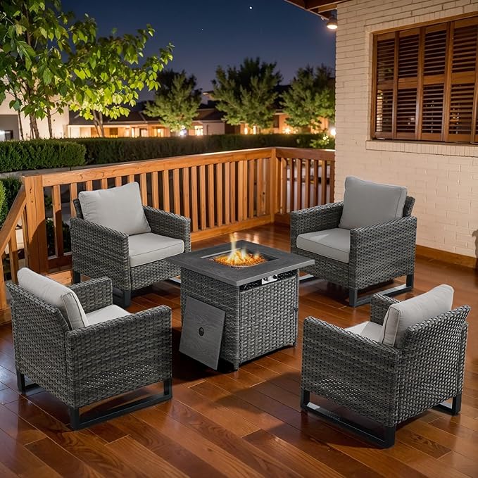 Belord 5 Pieces Wicker Patio Furniture Set: 4 Outdoor Club Chairs Patio Conversation Set with 50000BTU Propane Fire Pit Table, All Weather Brown Rattan Anti-Rust Frame, Beige Cushion