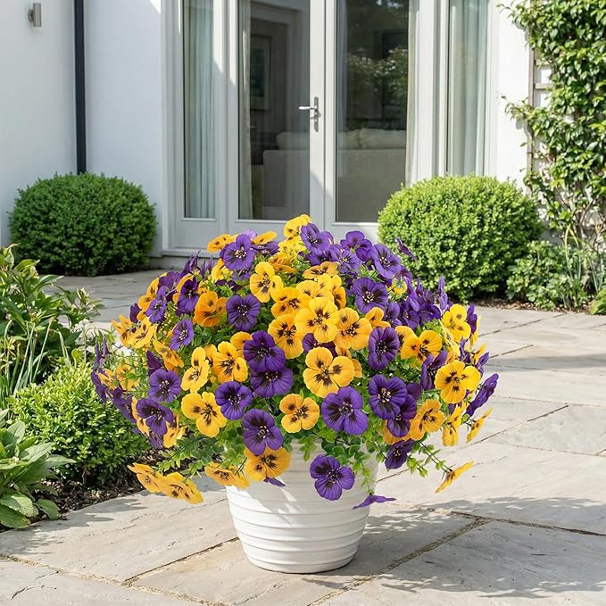 36 Pcs Artificial Fake Pansy Flowers for Outdoor, Faux UV Resistant Silk Pansies Flowers for Outside Planter Front Door Porch Yard Patio Window Box Home Decor (36, Yellow,Purple)