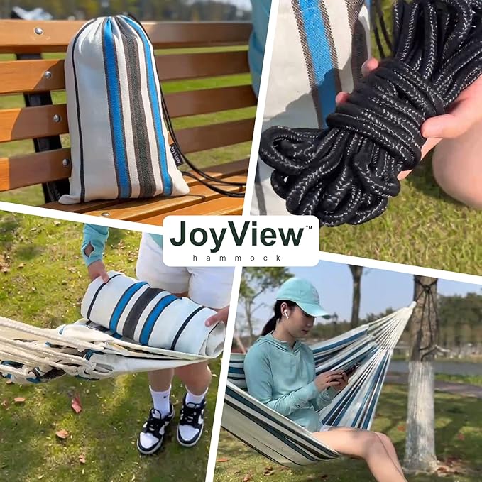 JoyView Brazilian Double Hammock with Hanging Ropes Extra Large 86.6x59” Portable Cotton Hammock for Patio Backyard Porch 450LBS Weight Capacity Perfect for Outdoor/Indoor - Light Green/Yellow Stripe