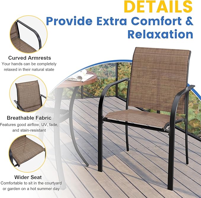 VICLLAX Patio Table and Chair Set of 6, All Weather Metal Round Outdoor Dining Furniture Set-47 Round Outdoor Table and Chairs, Walnut Wood Grain Tabletop