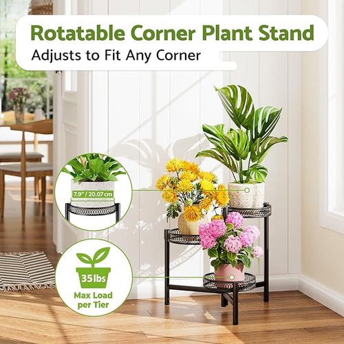 3 Tier Metal Plant Stand Indoor Outdoor, Corner Tall Plant Shelf for Multiple Plants, Foldable Heavy Duty Plant Holder, Decoration Flower Pot Stand for Patio Living Room Balcony Garden - BlackFlower