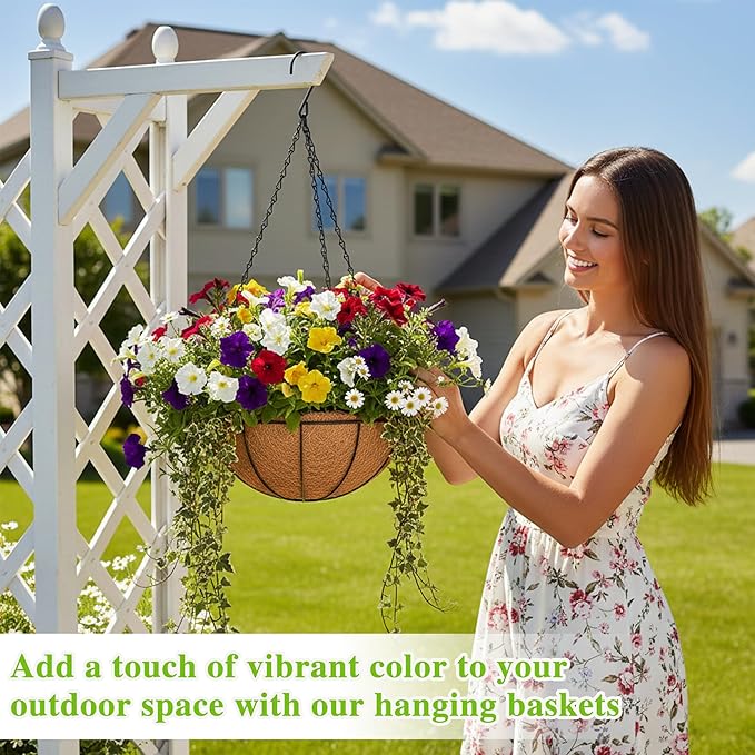 4 Pack Hanging Planter Basket Outdoor Large Hanging Flower Pots Indoor 12 inch with Coco Coir Liner Round Wire Plant Holder Chain Hanging Basket Garden for Home Decor Balcony Office1