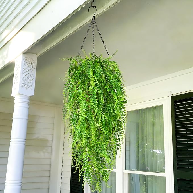 Waipfaru 4Pcs Fake Ferns Fake Hanging Plants Artificial Ferns for Outdoors，UV Resistant Plastic Fake Plants for Indoor Wall Porch Wedding Party Holiday Decor