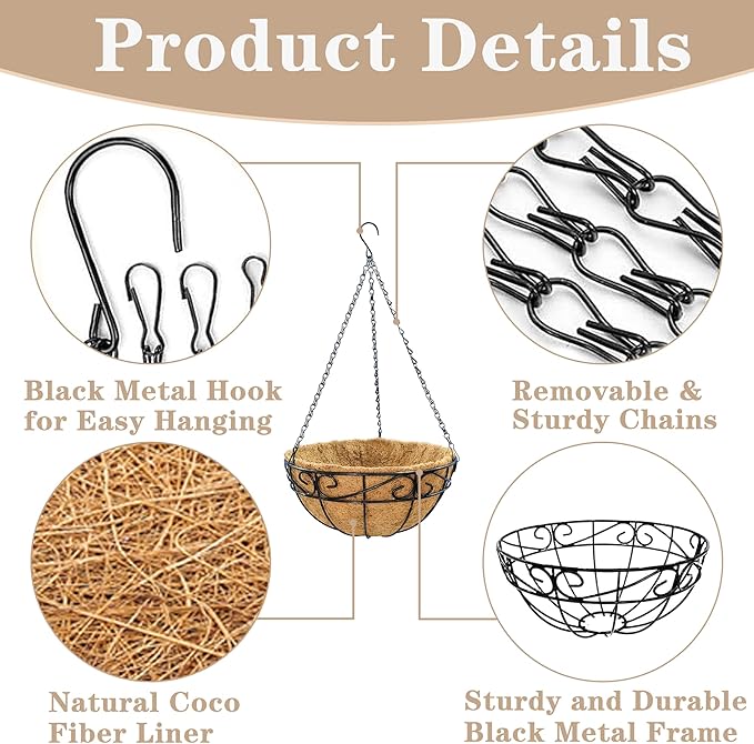 Outdoor Metal Hanging Planters Basket (2pack, 12 inch) Hanging Baskets for Plants Chain Round Wire Plant Holder with Coco Fiber Liners for Garden, Patio, Deck, Porch(Flower Border)