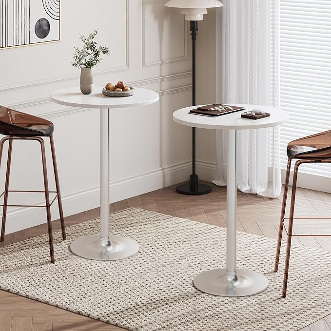 Flamaker Round Bistro Pub Table Modern Style Metal Base MDF Top Cocktail Bar Table Counter Bar Height for Pub, Dining Room, Party (2, White-Silver)