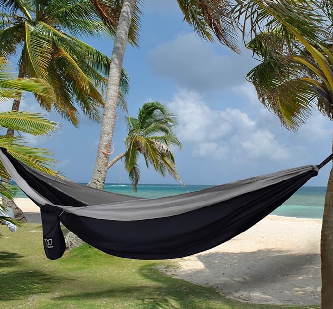 Gold Armour Camping Hammock - XL Double Hammock Portable Hammock Camping Accessories Gear for Outdoor Indoor with Tree Straps, USA Based Brand (Black and Gray)
