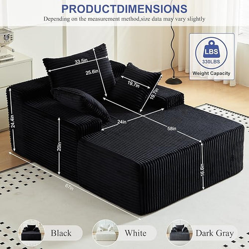 67 Inch Chaise Lounge Chair Indoor, Oversized Upholstered Boneless Sofa Bed, Corduroy Deep Seat Sleeper Couch Reading Chairs, Comfy Cloud Sofas Couches for Living Room, No Assembly Required (Black)
