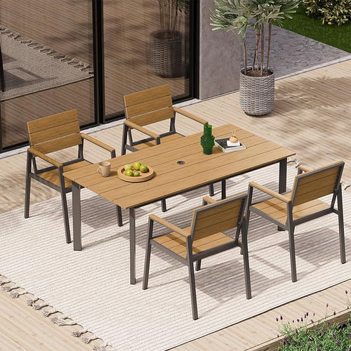 67" Rectangle HDPS Patio Dining Table, Aluminum Outdoor Patio Dining Table with Umbrella Hole, Weather-Resistant for Lawn, Garden, Yard, Poolside and Indoor Use (Gray & Teak)