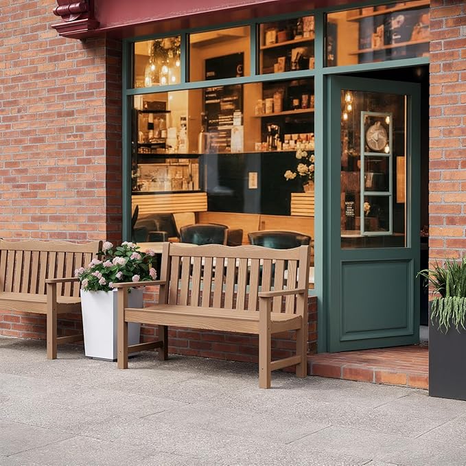 Stoog All-Weather Outdoor Bench, 2-Person Poly Lumber Garden Bench with 800lb Capacity, Never Fade & Rust-Proof, for Backyard, Patio, Deck, and Porch, Teak