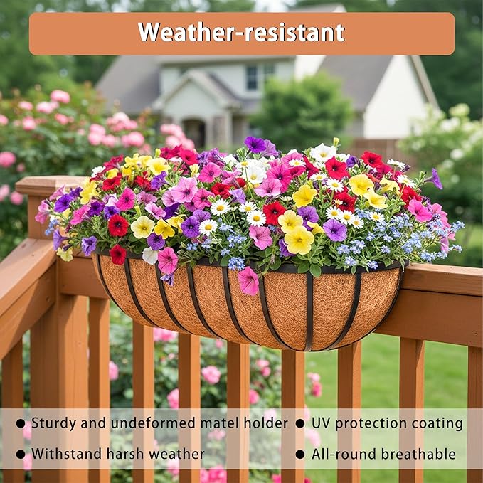 24'' Window Box Railing Planter with Coco Liner,2 Pack Horse Trough Planters Black Metal Hanging Flower Planters Basket for Porch Fence Patio Indoor Outdoor Lawn