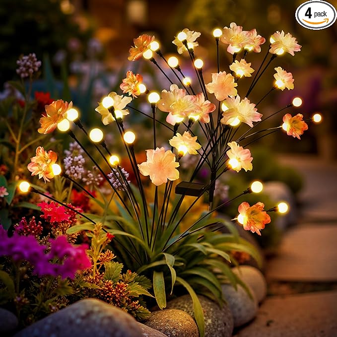 Solar Garden Lights, Warm White LED Swaying Solar Flowers Light for Outside, Waterproof Garden Decor, Outdoor Decorative Lights Yard, Patio, Pathway Decoration Gardening Gifts (4 Pack)
