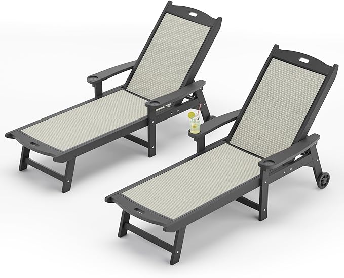 LUE BONA Chaise Lounge Chair Outdoor Set of 2, HDPS and HDPE Wicker Material, Patio Chaise Lounge with Adjustable Backrest, Resin Pool Lounge Chairs with Wheels for Backyard, Poolside and Deck